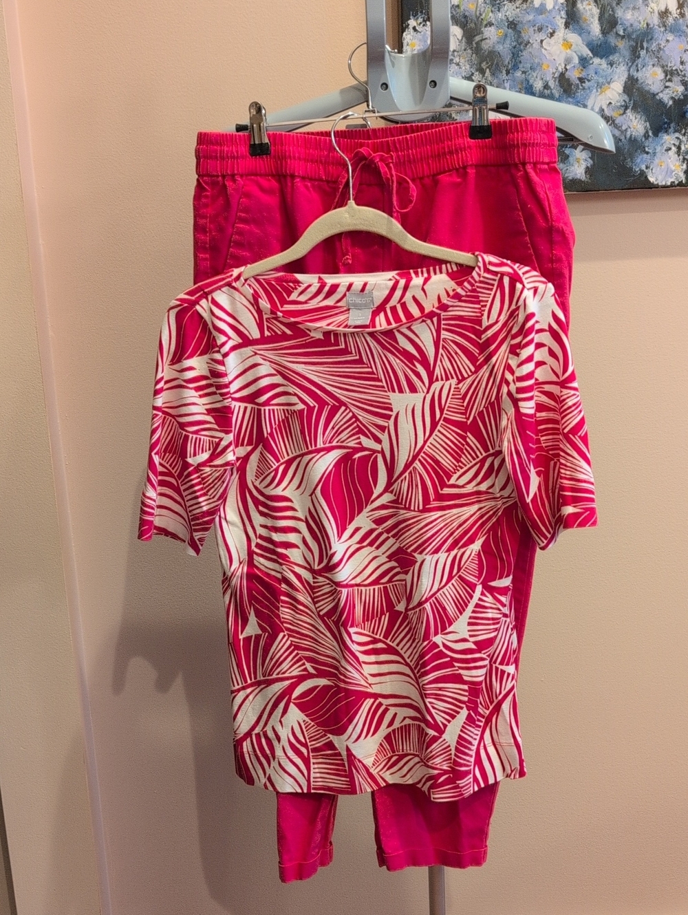 J. Crew Hot Pink Elastic Waist Pants Paired With Chico's Print Top